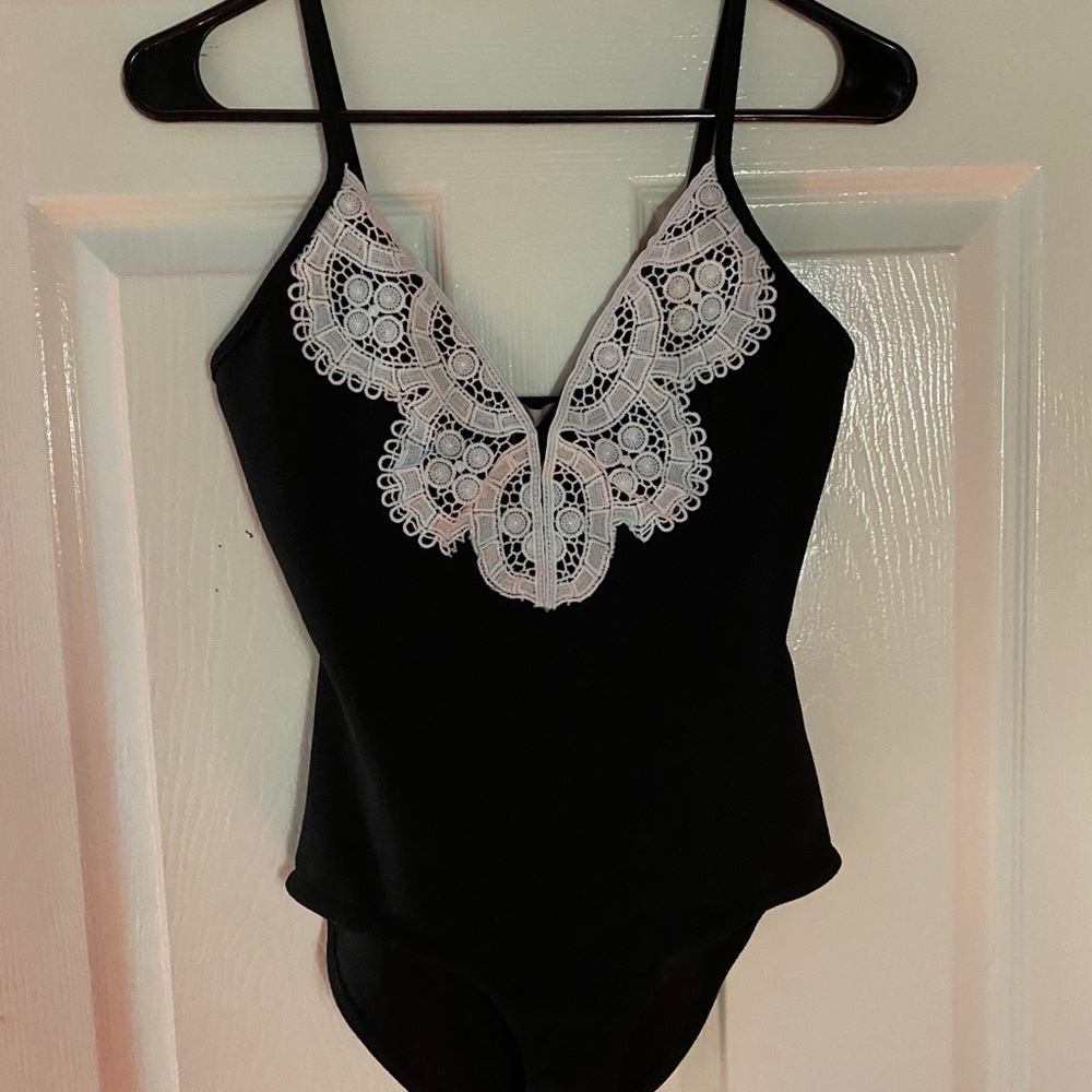 Black With White Lace Bodysuit